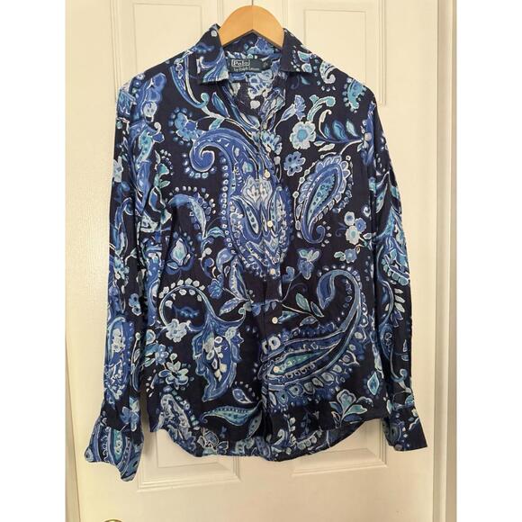 Polo Ralph Lauren Mens Small Paisley Linen Aqua Blue Long Sleeve Button Up Shirt - Picture 4 of 13